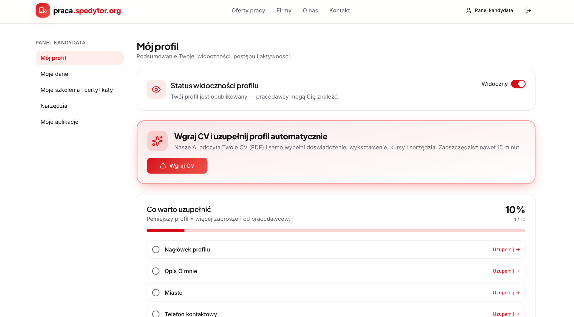 Panel kandydata z opcją wgrania CV