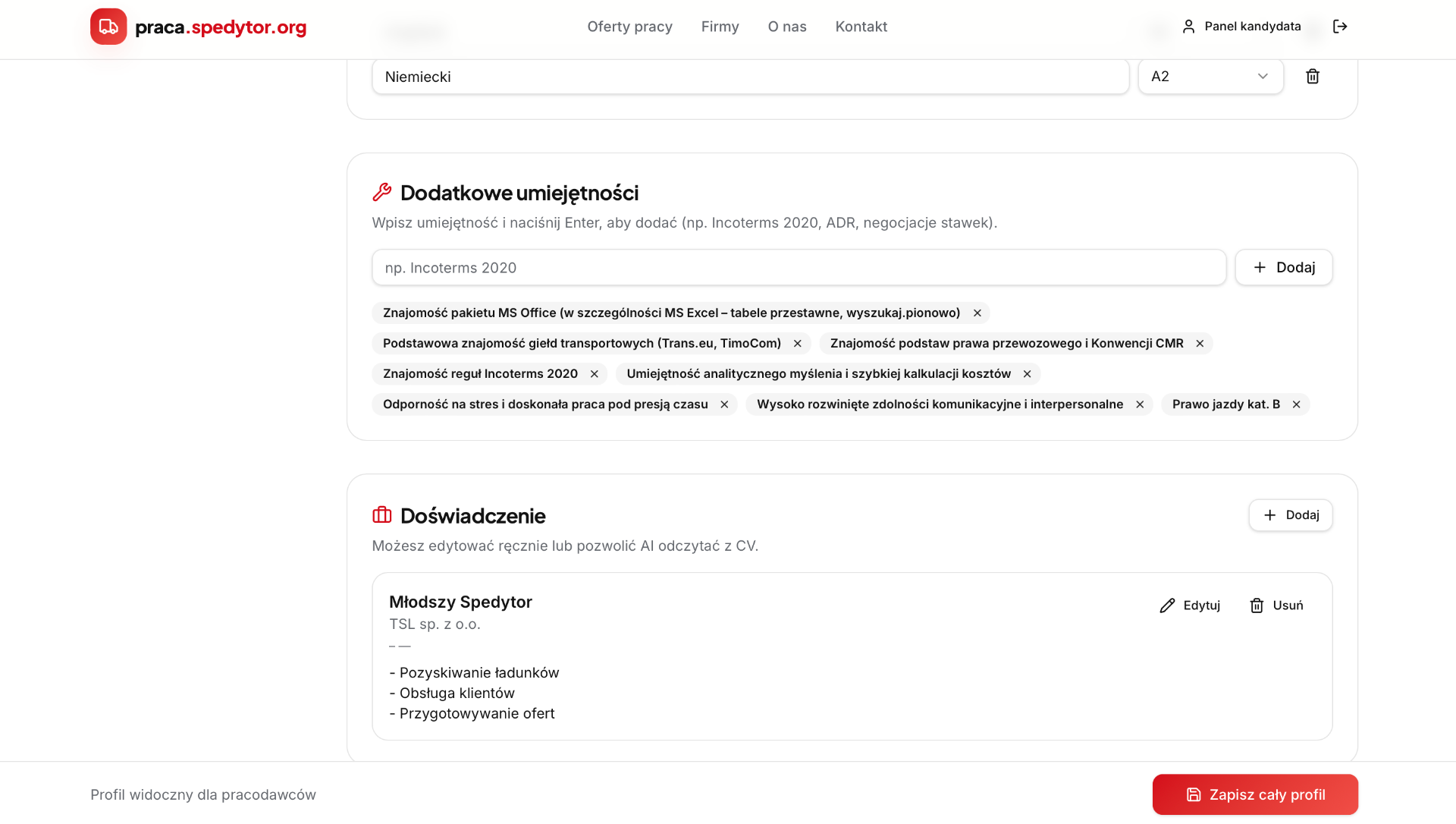 Automatycznie wypełnione umiejętności i doświadczenie w profilu